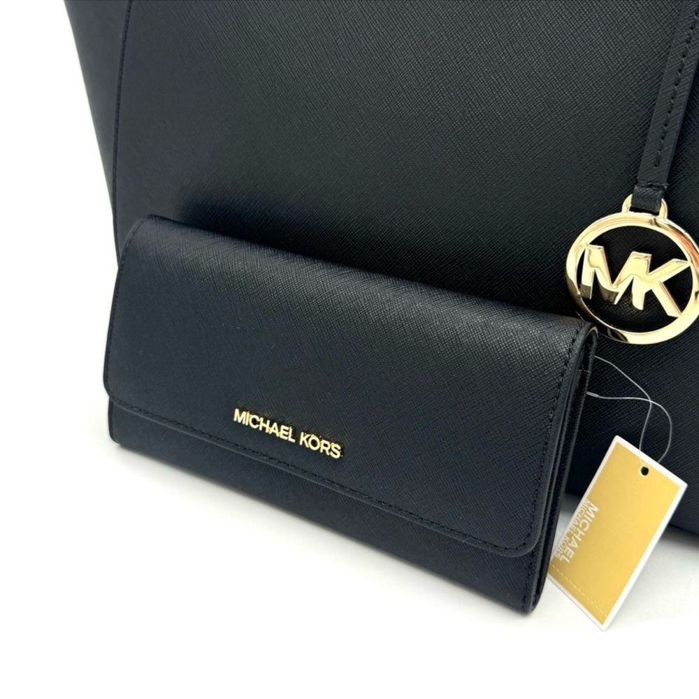 Michael Kors JST Large Chain Shoulder Tote Bag & Trifold Wallet Black/Gold - Picture 9 of 12